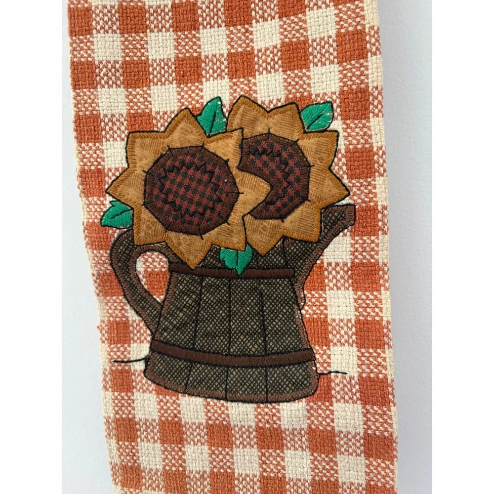 Handmade Sunflower Gingham Kitchen Towel Holder Set Orange Lace Trim Farmhouse